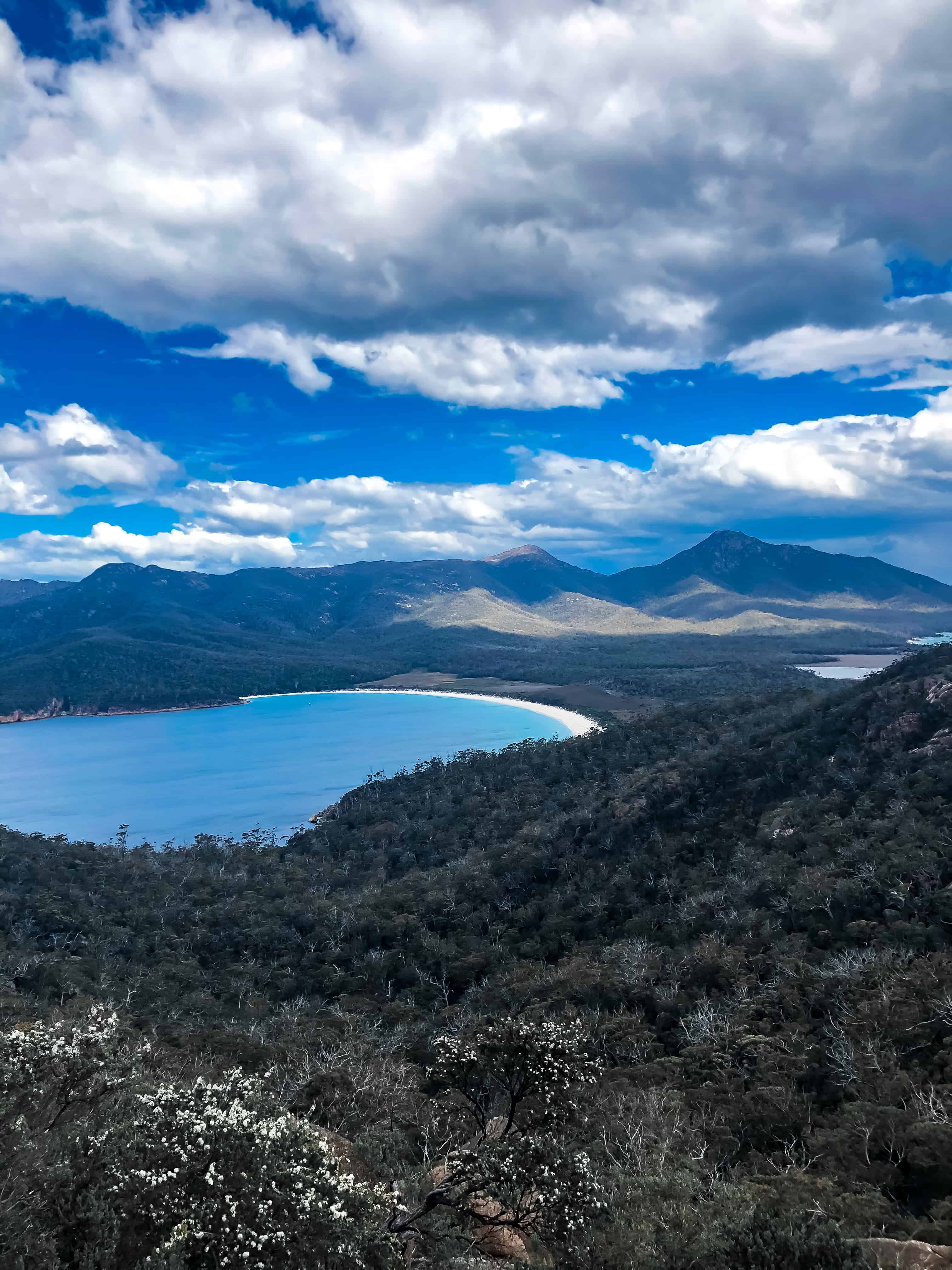 view of wineglass bay and coles bay from the wineglass bay lookout