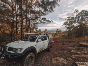 Ute parked on a road on a road trip