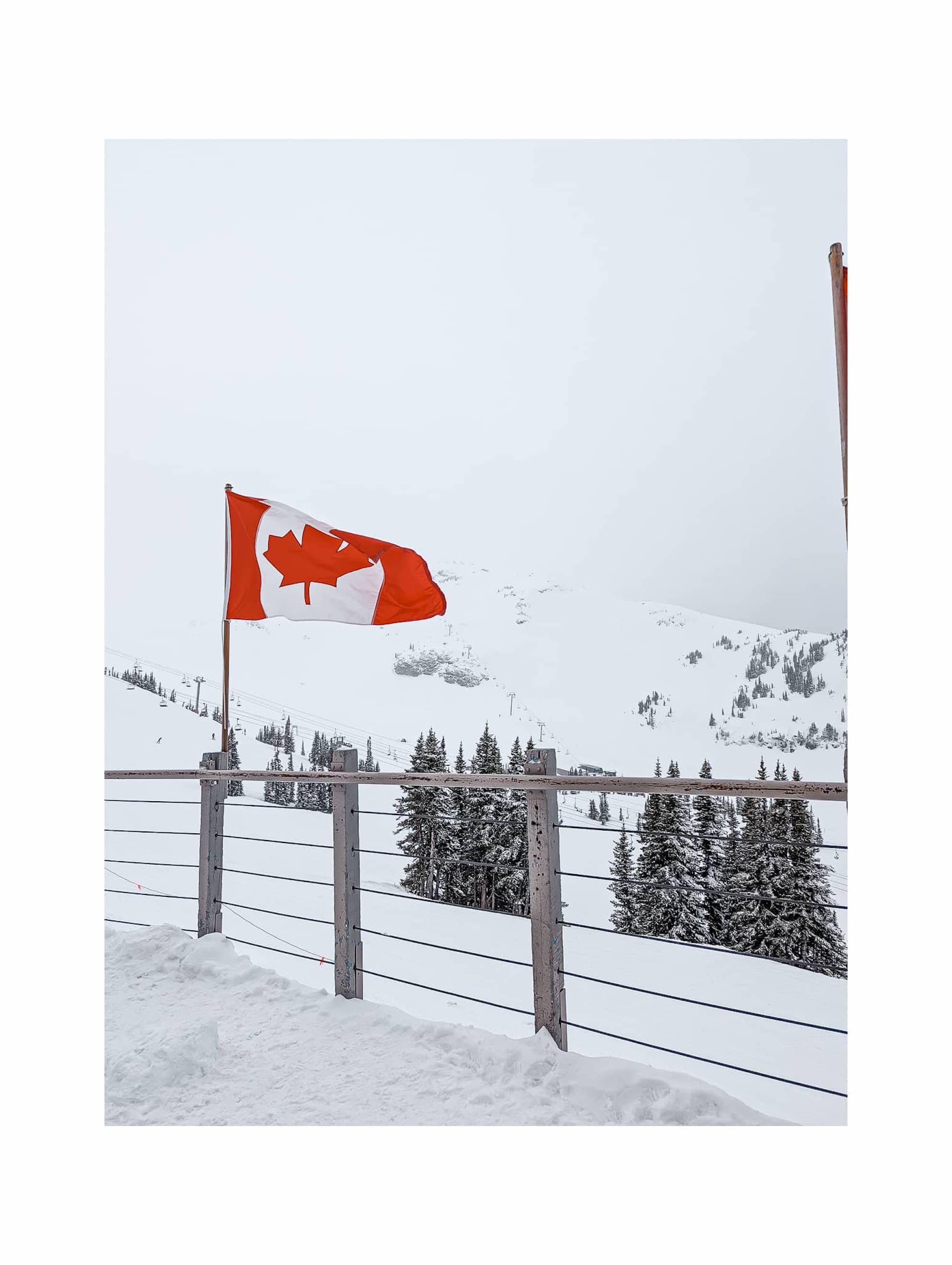 The Canadian flag gently blowing in the wind. A thick layer of snow is in the background and the sky is misty and white.